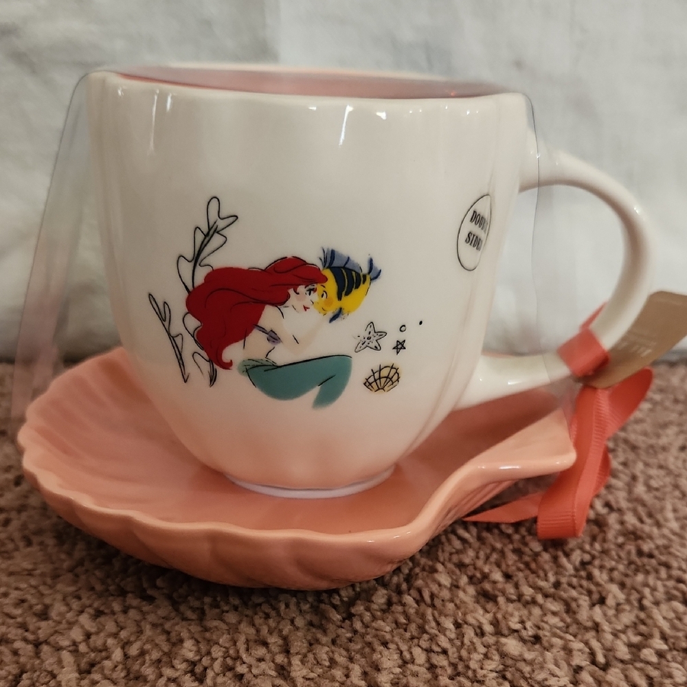 Rae Dunn White Ceramic Ariel Mug with Pink Shell Saucer